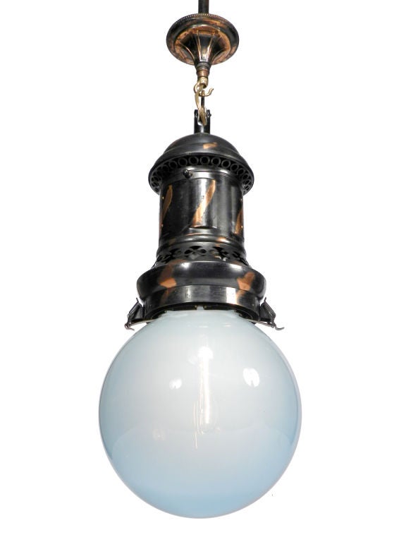 20th Century Electrified Gas Lamps -  Japanned Brass and Blue Glass