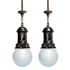 Antique Electrified Gas Lamps -  Japanned Brass and Blue Glass