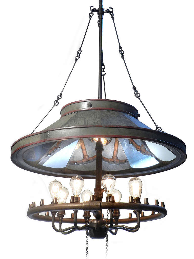 Industrial Amazing 1890s Eight-Light Mirrored Shade Chandelier