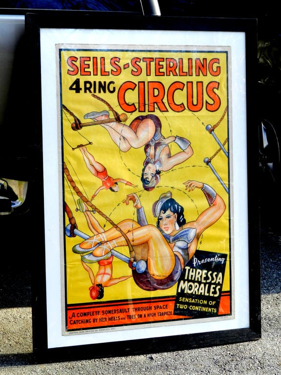 This is a bright and beautiful poster depicting the trapeze artist Thressa Morales. The poster has great graphics showing how she would complete a somersault through space. Also just to make things as clear as can be poster artists provided a dashed
