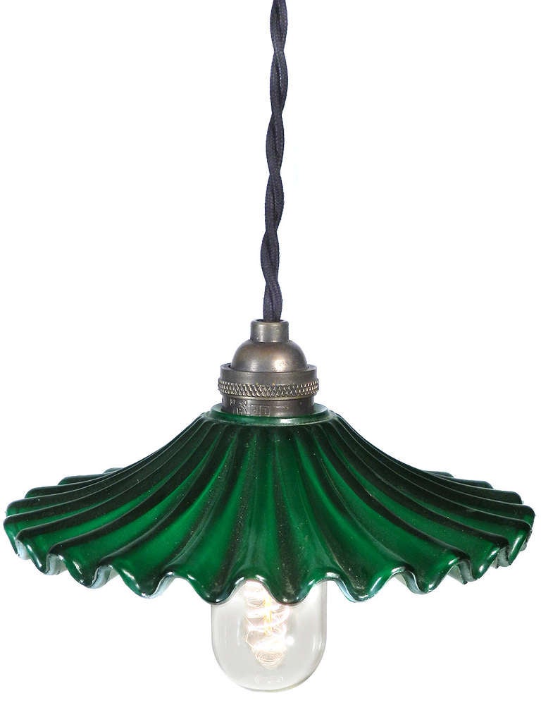 These lamps are a perfect match and should stay as a set.  They have 8 inch diameters, Emerald green glass with a white painted underside.
For questions or net pricing please contact dealer directly.