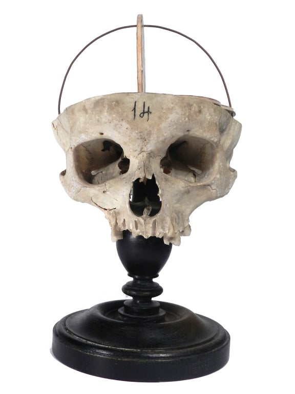 This early medical display is unique and very inventive. The half skull is mounted to a turned wood pedestal.  Cradled on the skull are hand painted and well done cross sections of the brain. The skull is numbered and may have been part of a