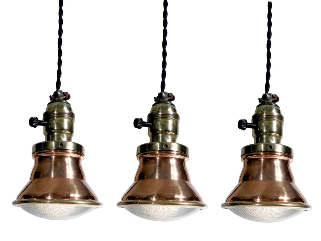 Collection of 12 copper and brass pendant lamps In Excellent Condition In Peekskill, NY