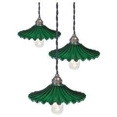 Emerald Glass Pleated Pendents - Collection of 3