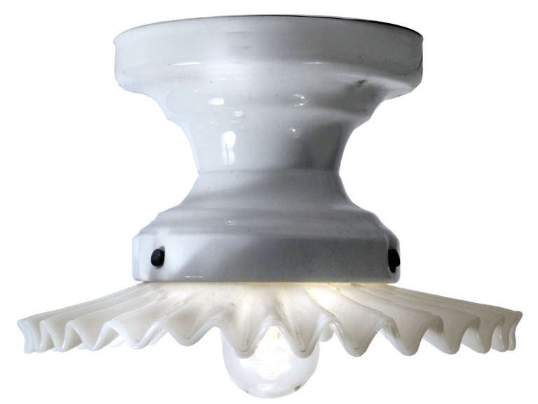 Industrial Ruffled Milk Glass Flush Mounted Lamps