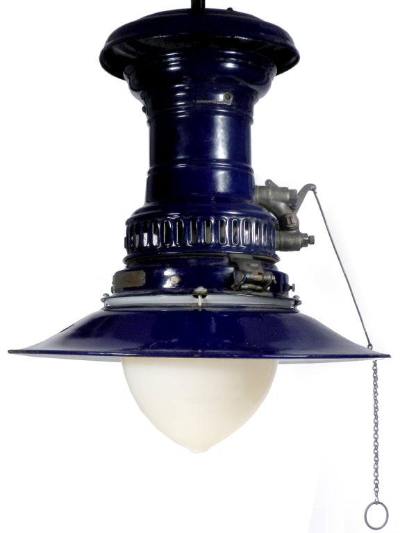 American Pair of Large Early Electrified Blue Porcelain Gas lamps