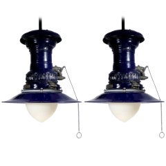 Pair of Large Early Electrified Blue Porcelain Gas lamps