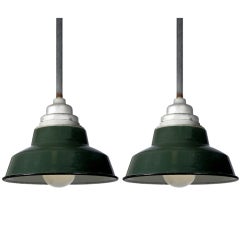 Matching Pair of Green Porcelain Industrial Pendents