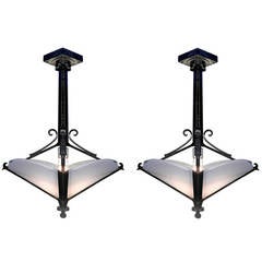 Matching Pair of Wrought Iron Art Deco Chandeliers