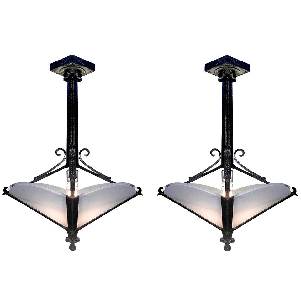 Matching Pair of Wrought Iron Art Deco Chandeliers