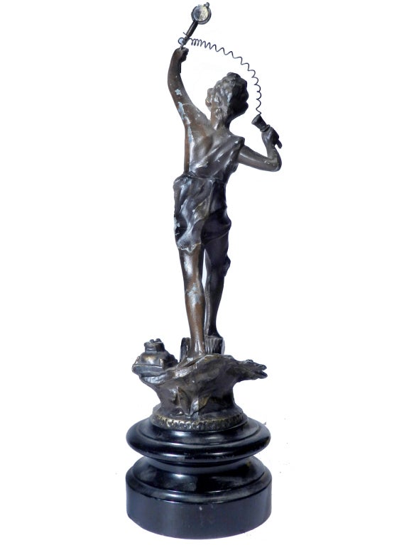 Scarce Original Antique Victorian ‘bronze’ type spelter figurine. Dating from the latter part of the 19th Century or early 20th Century, these Art Nouveau French figurines confidently promote one of the greatest technological inventions by Alexander