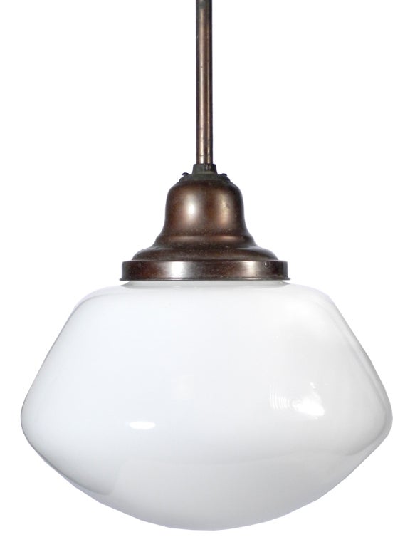 We have a perfect collection of 3 matching municipal building lamps left. They come with the original  fixture, pipe and ceiling canopy. All are untouched and have the original patina. These are not the typical shaped 1920s school house globe. The