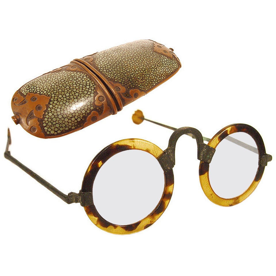 Antique Chinese Ox Horn Eyeglasses - Shagreen Case