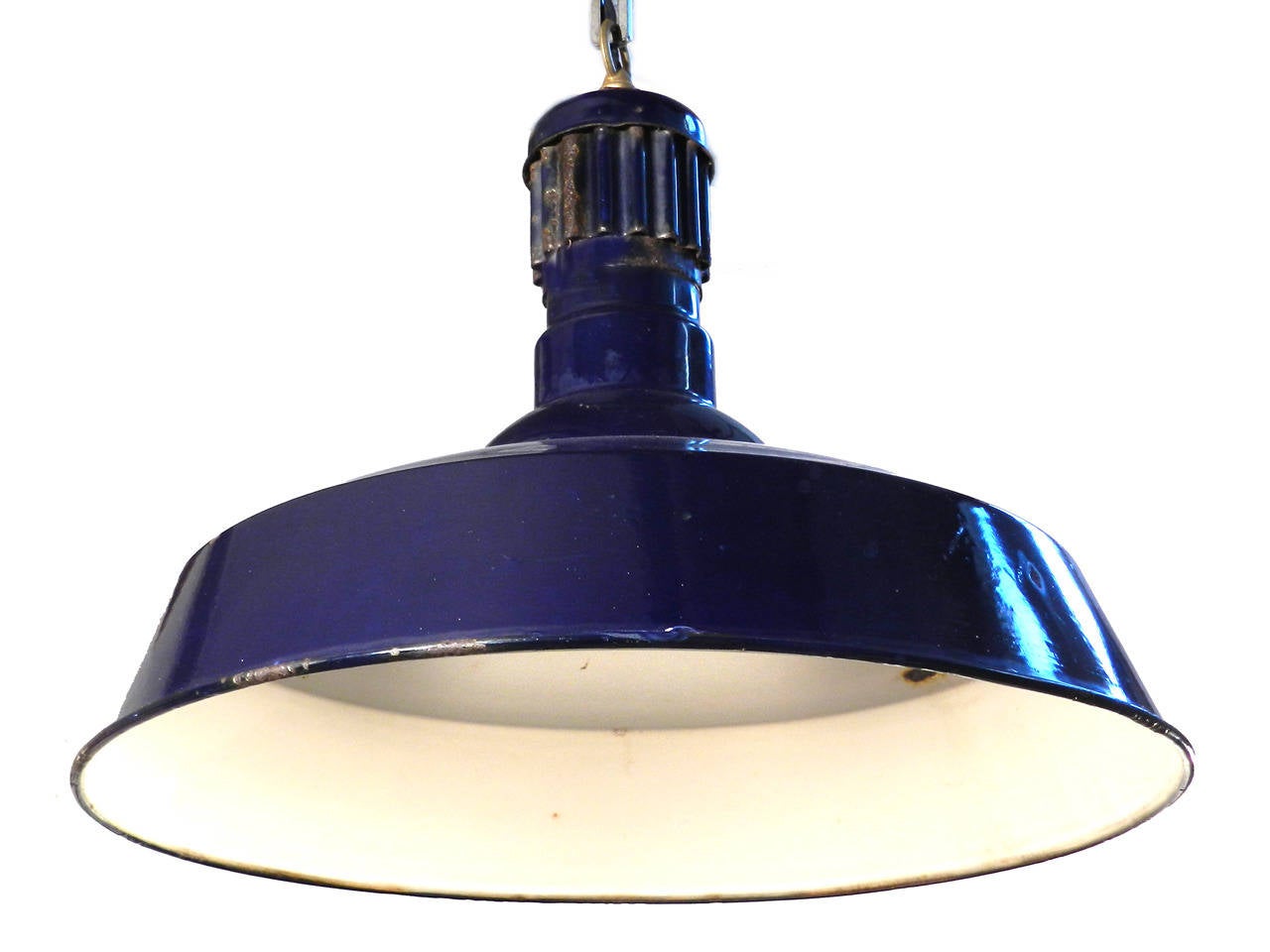 This is a good size pendant, it has a 20 inch diameter and is 16 inches tall. These blue porcelain fixtures are uncommon and a nice change from the typical white and green examples. It does show some surface rust in a few spots but saying it has an