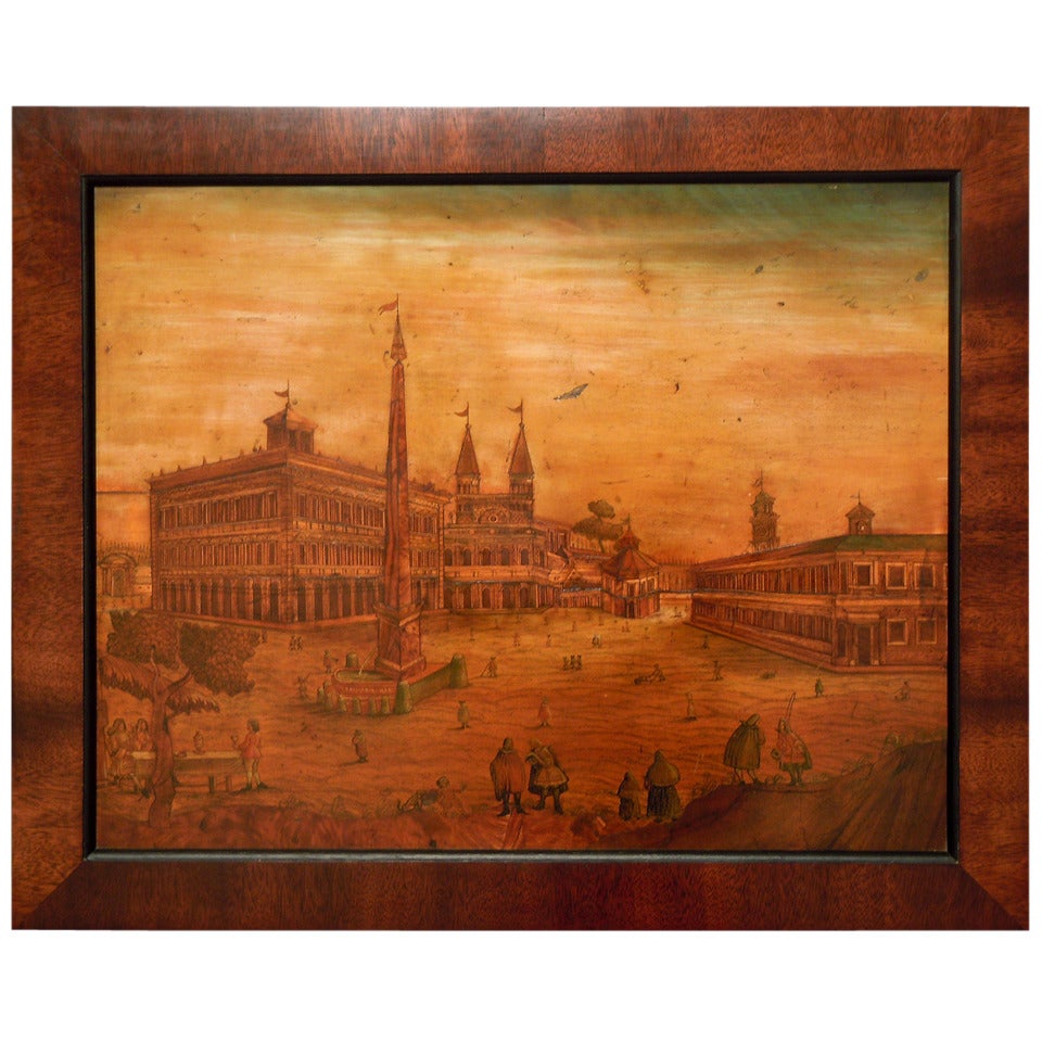 A Set Of Four Marquetry And Painted Architectural Views Of Rome And Venice For Sale