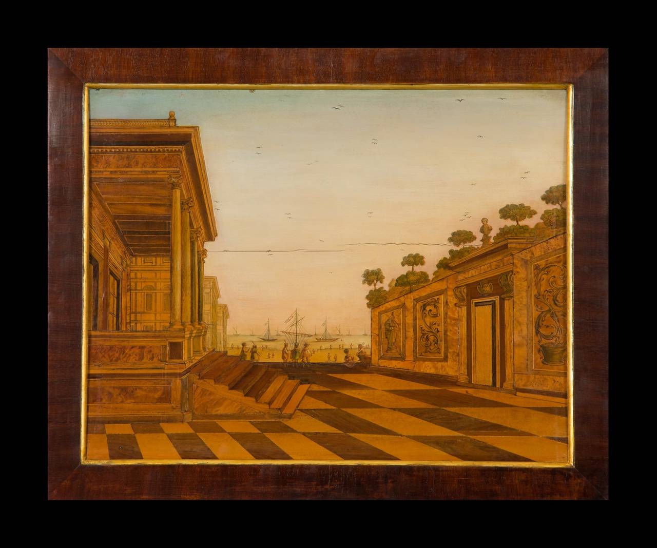 Two panels depict views in Rome; the Piazza san Giovanni in Laterano and the Piazza dei Sante Apostoli, two show views in Venice; the Piazza San Marco and an as yet unidentified location.  Now in modern mahogany frames.   Detailed research report