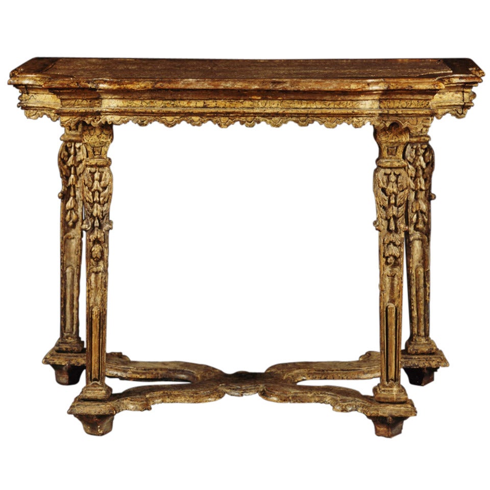 A Late Baroque Carved and Marbelized Side Table with Inset Lumachella Marble Top For Sale