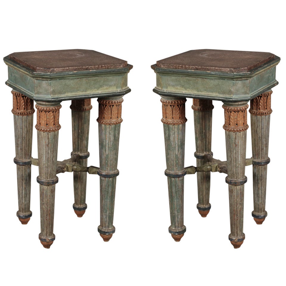Pair of Carved and Green Painted Occasional Tables For Sale