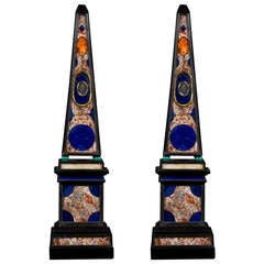 A Rare Pair of Ebony and Hardstone Mounted Obelisks