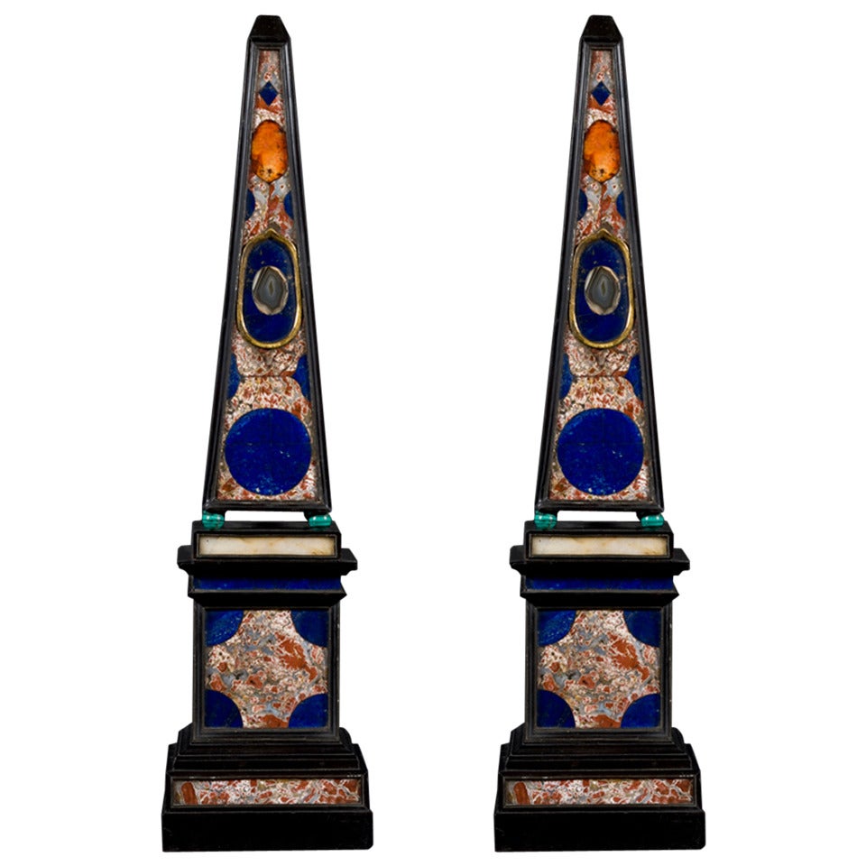 A Rare Pair of Ebony and Hardstone Mounted Obelisks For Sale