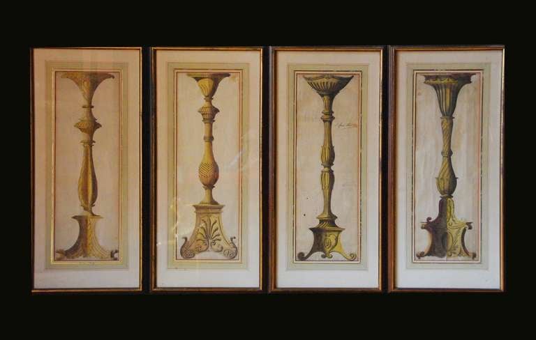 Each, mounted and set in a rectangular frame with gilt edge, depicting a design for a giltwood torchére, one inscribed 