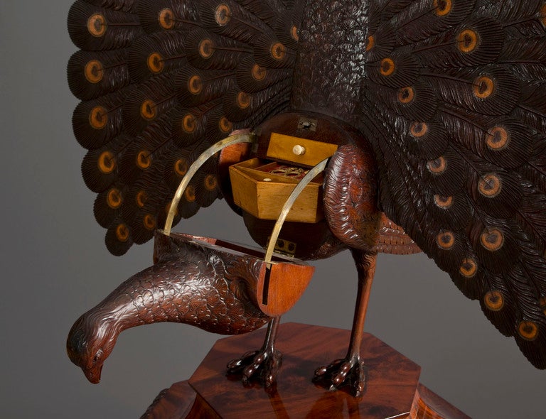 German A Unique Mahogany And Inlaid Work Box In The Form Of a Peacock For Sale