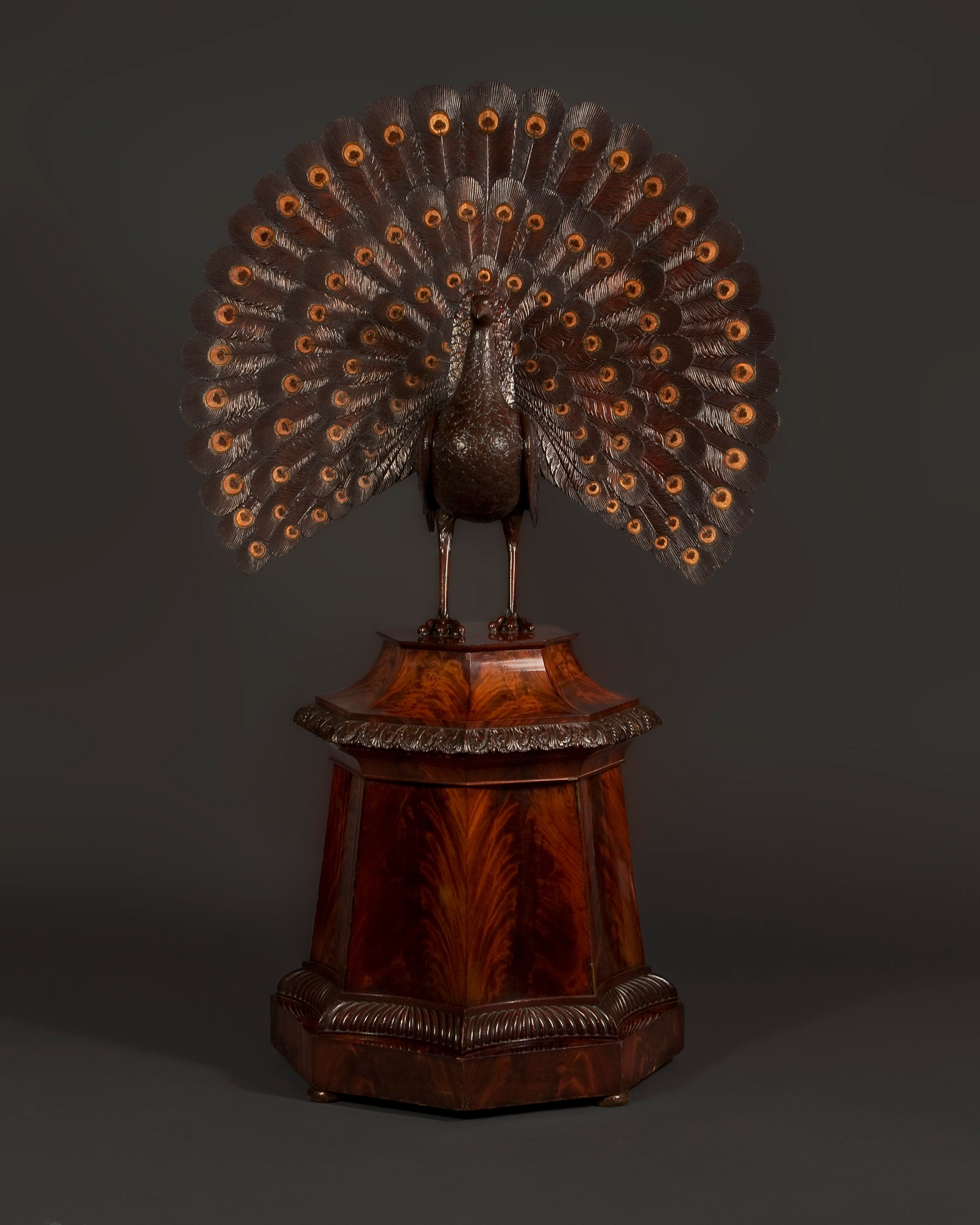 A Unique Mahogany And Inlaid Work Box In The Form Of a Peacock For Sale