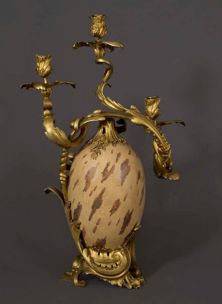 Each ovoid body is surmounted by a system of rococo gilt bronze ornament from which issue three conforming candle arms each raised on a rocaille gilt bronze base. Signed and dated, Henry Dasson 1891. Detailed research report available upon request.