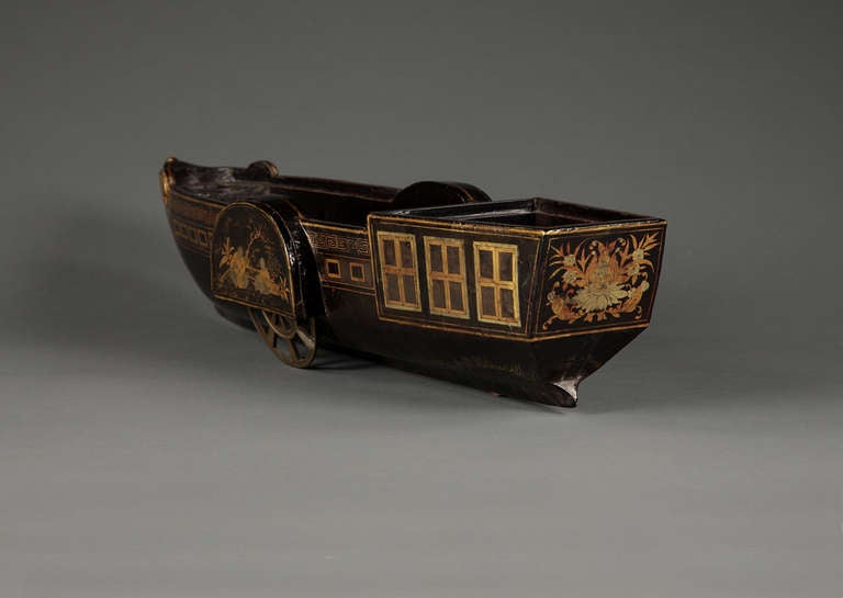 19th Century A Rare Chinese Export Black Lacquer And Gilt Model Of A Paddlewheel Boat