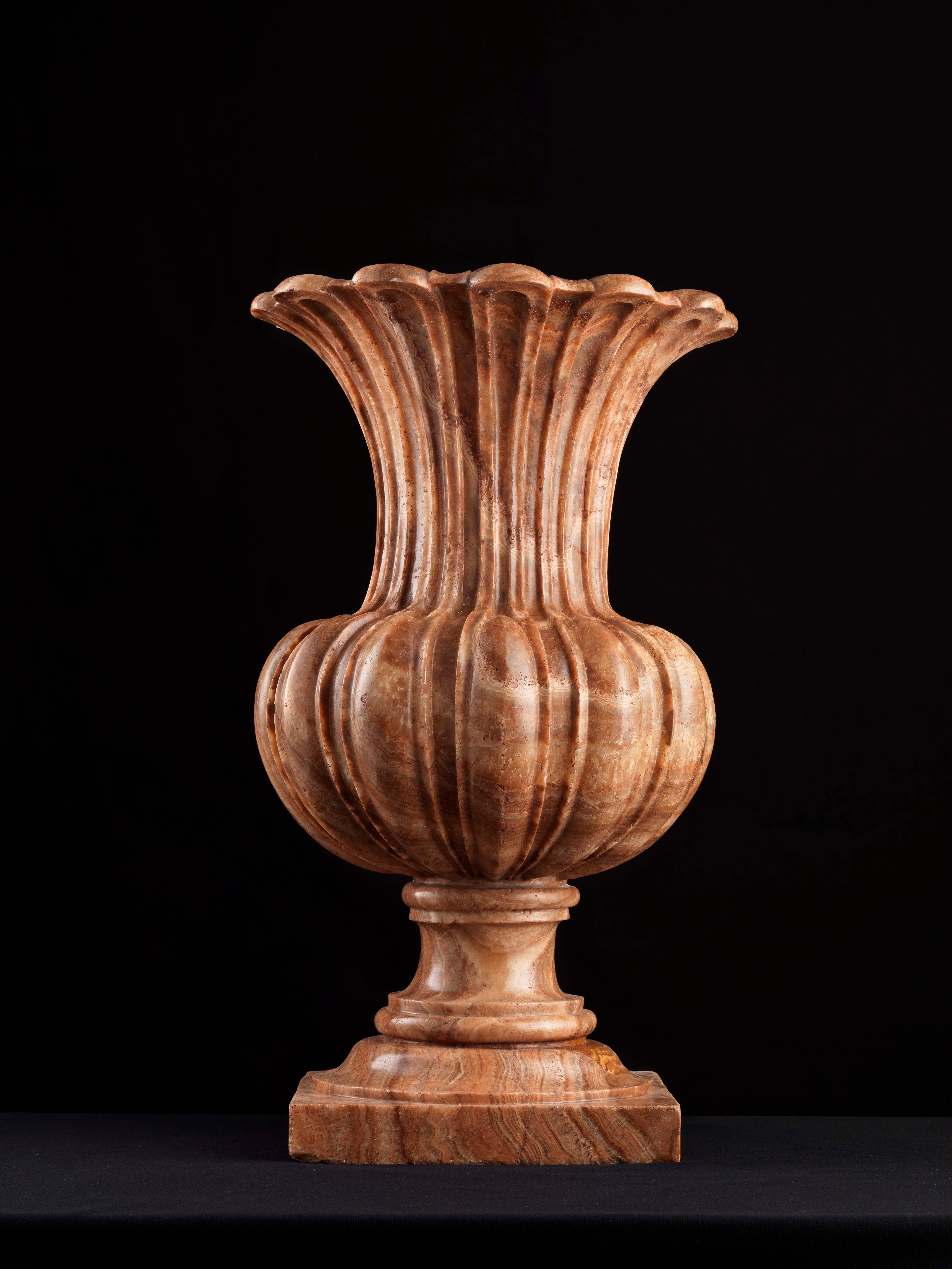 Massive Pair Of Carved Alabastro Fiorito Vases Of Unusual Form For Sale