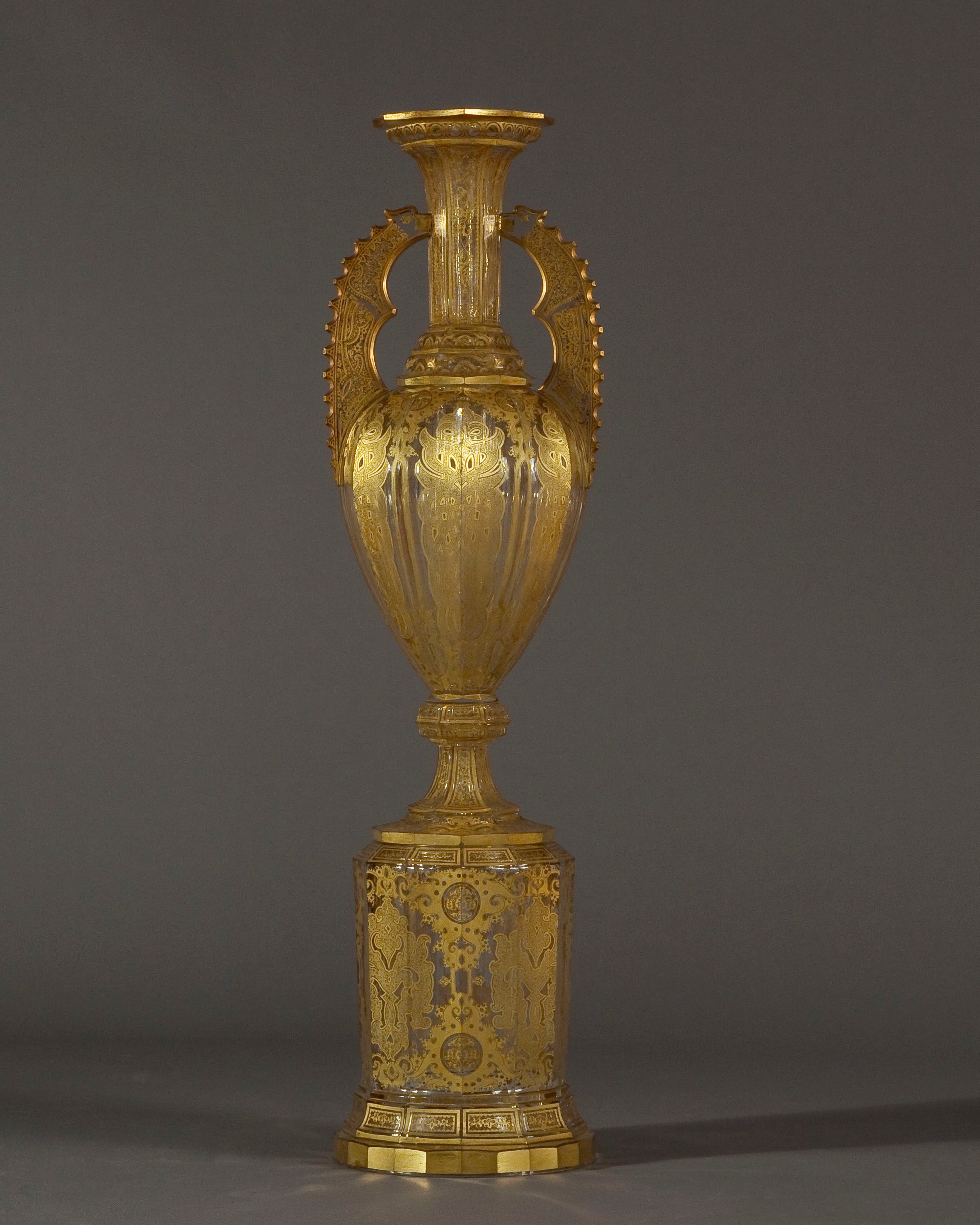 Monumental Cut Glass and Gilded Vase of Alhambra Form For Sale