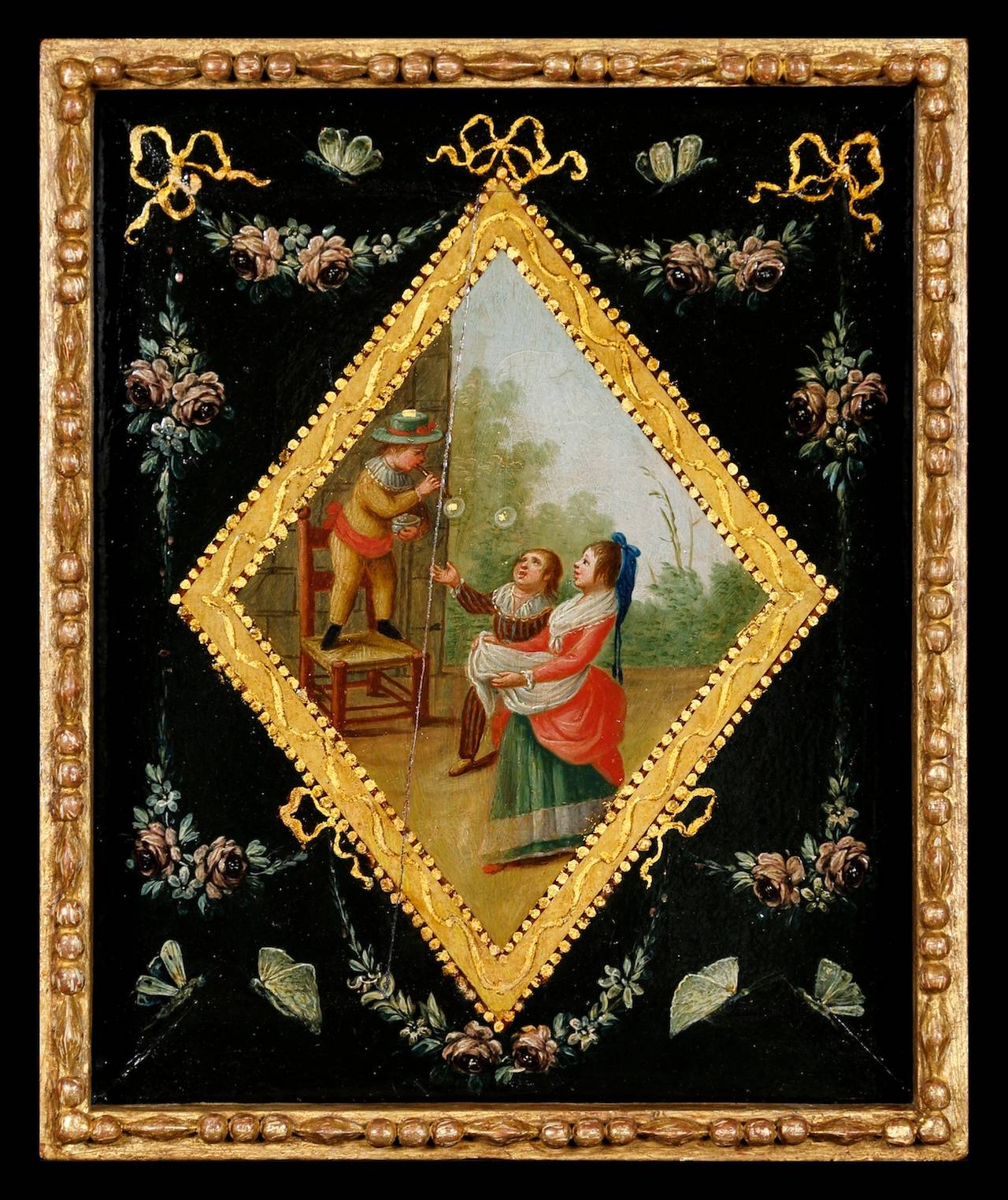 A set of four painted wood panels each family scene within a lozenge border and enclosed by garland ribbon and butterfly border to a green ground.

Measurements:
Framed: One panel: Width: 14