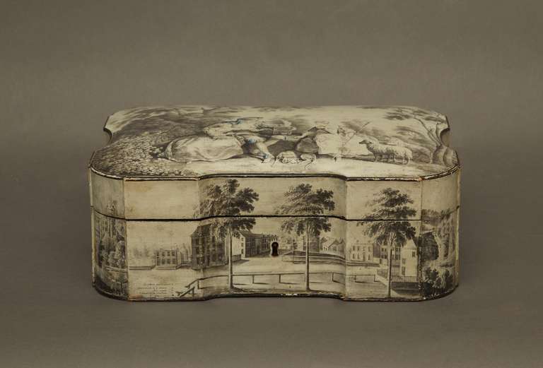 The top with a vignette of a charming pastoral idyll in the manner of Boucher (research ongoing). All four sides decorated with street scenes and buildings from the town of Spa and finely inscribed on each face with place names.  Detailed research
