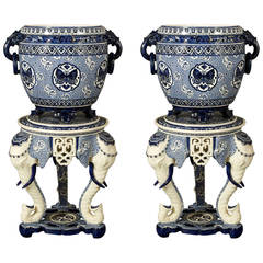 Pair of Minton Majolica Jardinieres on Elephant-Form Tripod Pedestals