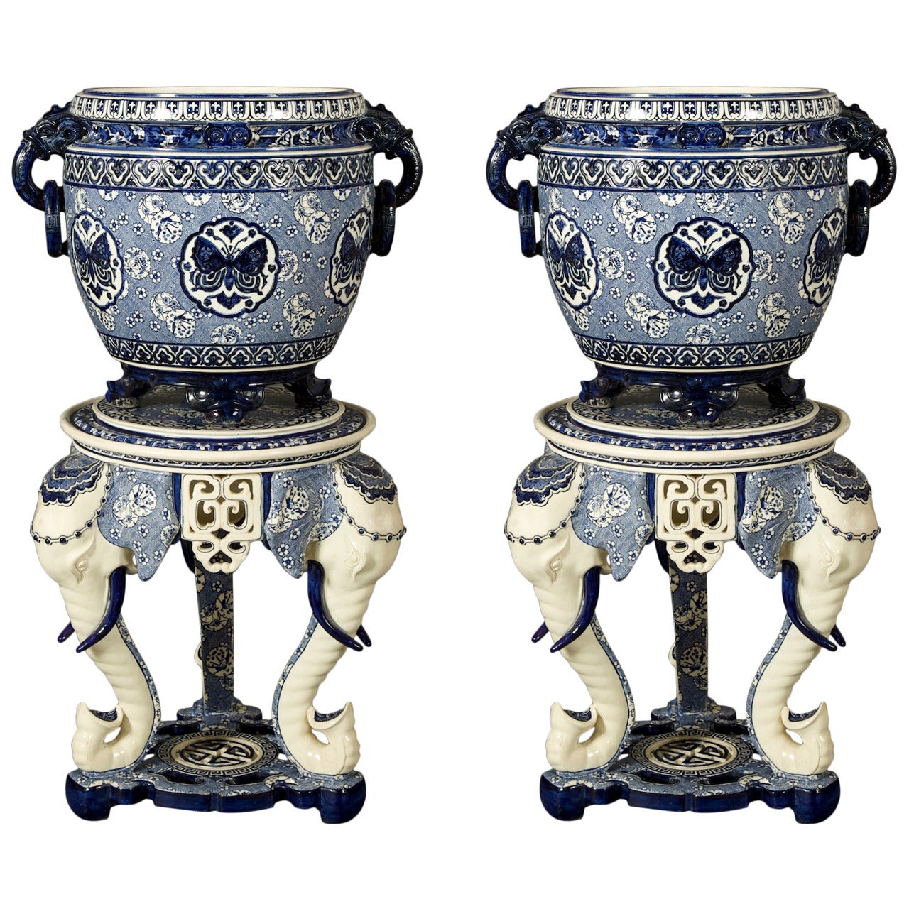 Pair of Minton Majolica Jardinieres on Elephant-Form Tripod Pedestals For Sale