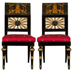 Pair of Giltwood and Ebonized Neoclassical Side Chairs with Penwork Decoration