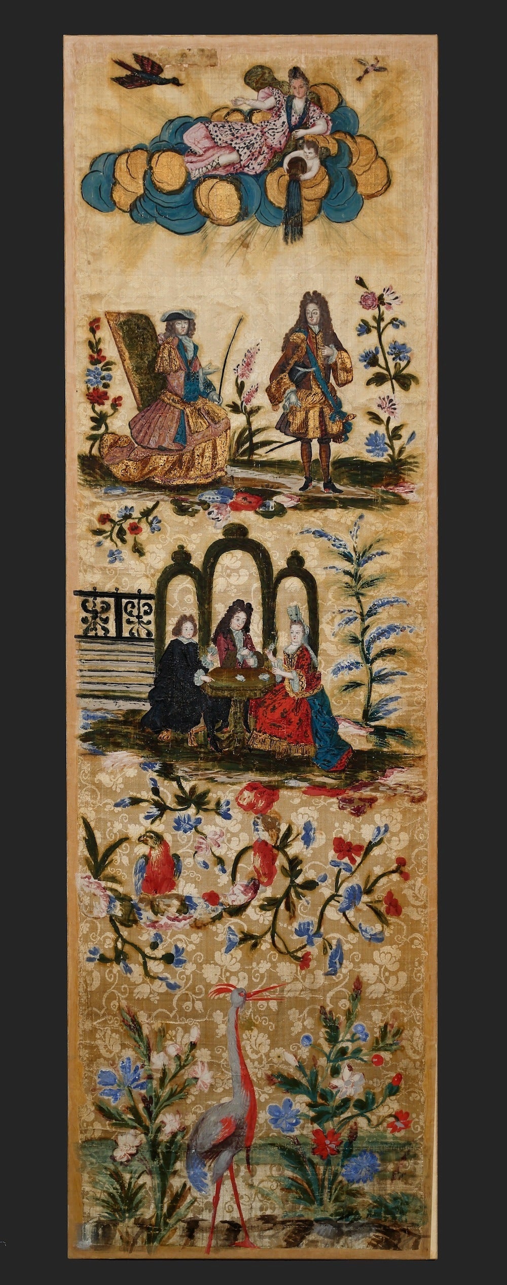 Painting on Chinese patterned silk. Six panels, the decoration of each in four regions, the lowest with birds and flowers, and the upper three with figures taken from 17th century French fashion plates, taking part in fashionable past times in