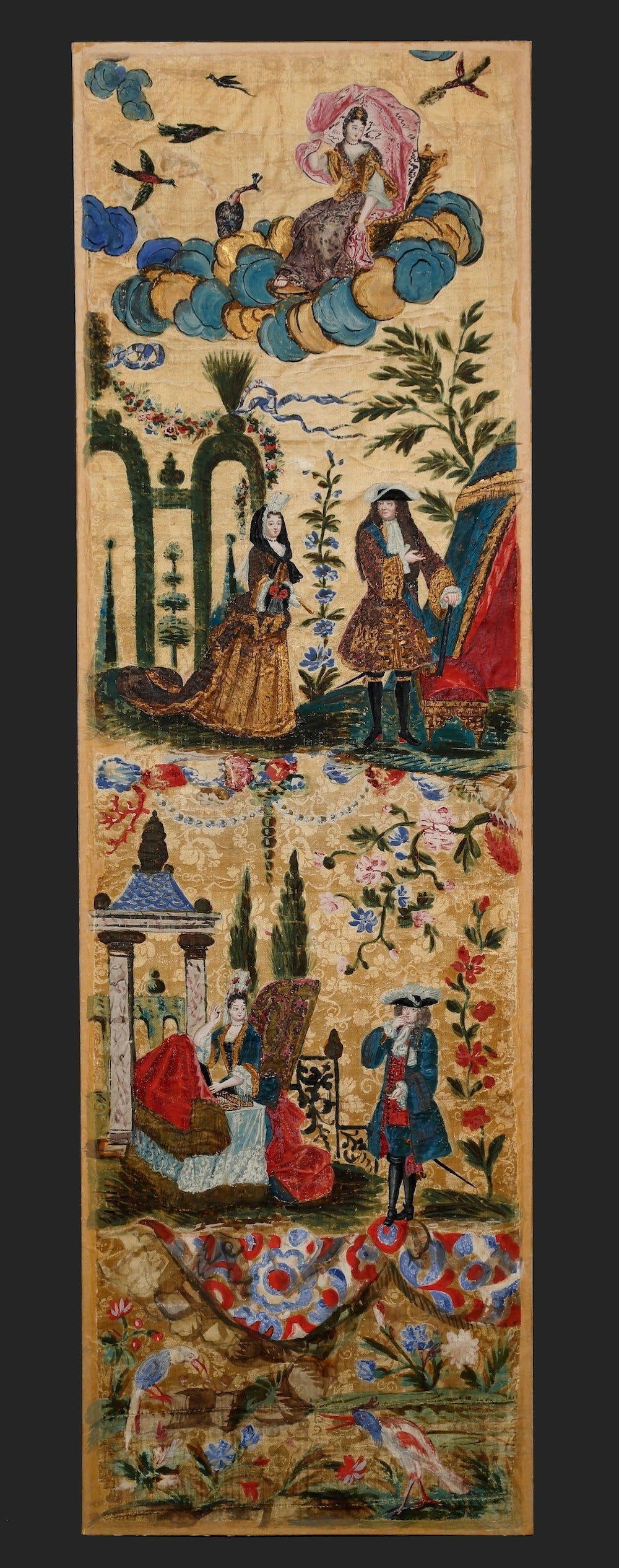 French Set of Six Very Rare Silk Louis XIV Panels Painted with Fanciful Scenes For Sale