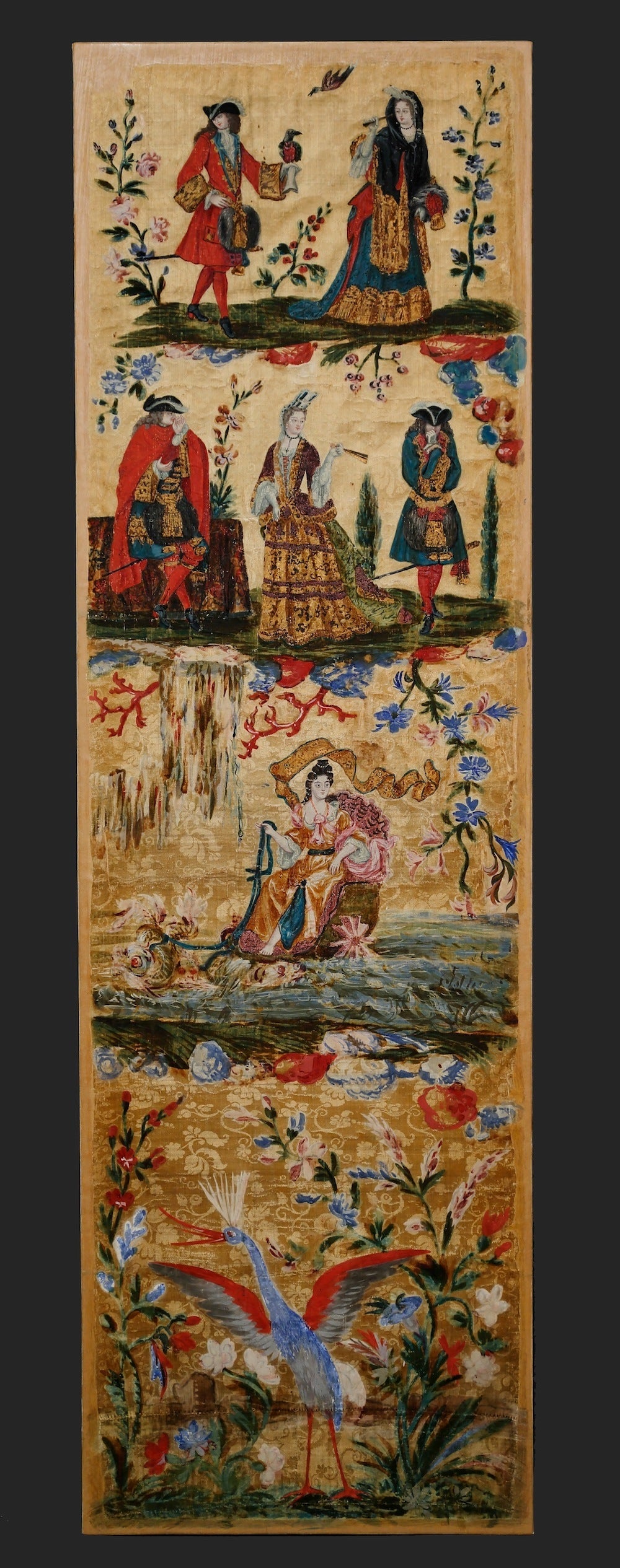 Set of Six Very Rare Silk Louis XIV Panels Painted with Fanciful Scenes In Excellent Condition For Sale In New York, NY