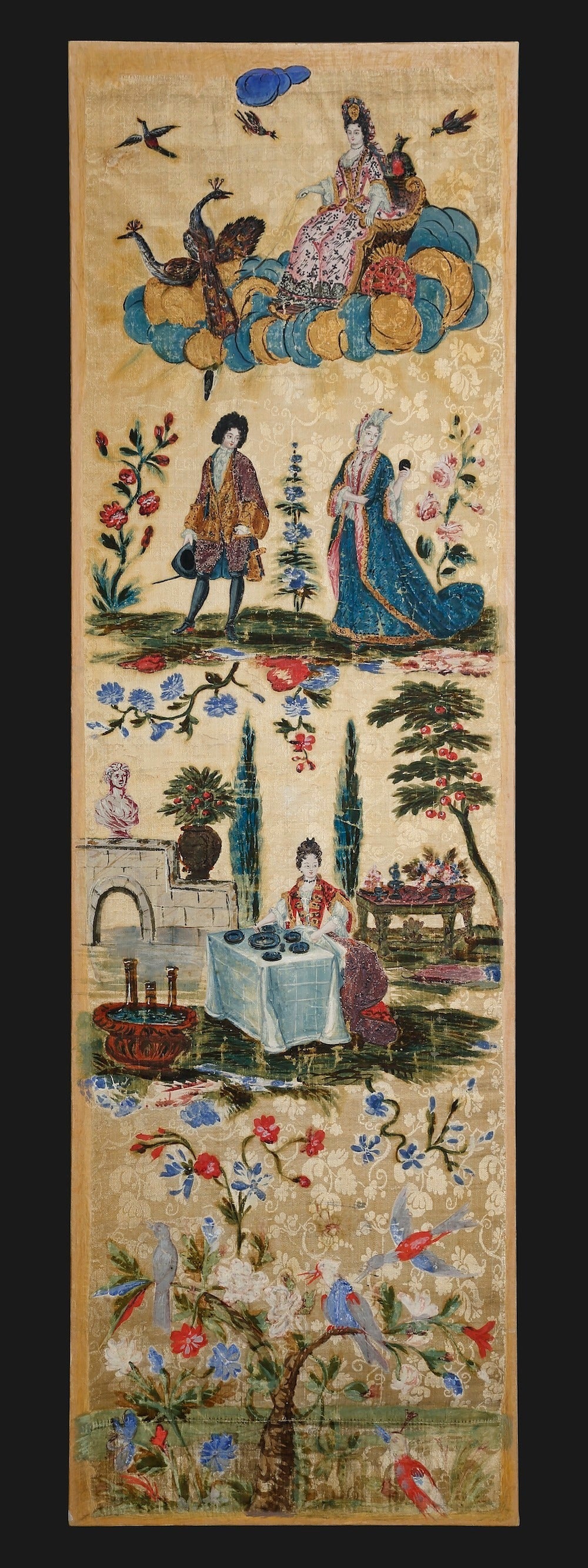 Set of Six Very Rare Silk Louis XIV Panels Painted with Fanciful Scenes For Sale 2
