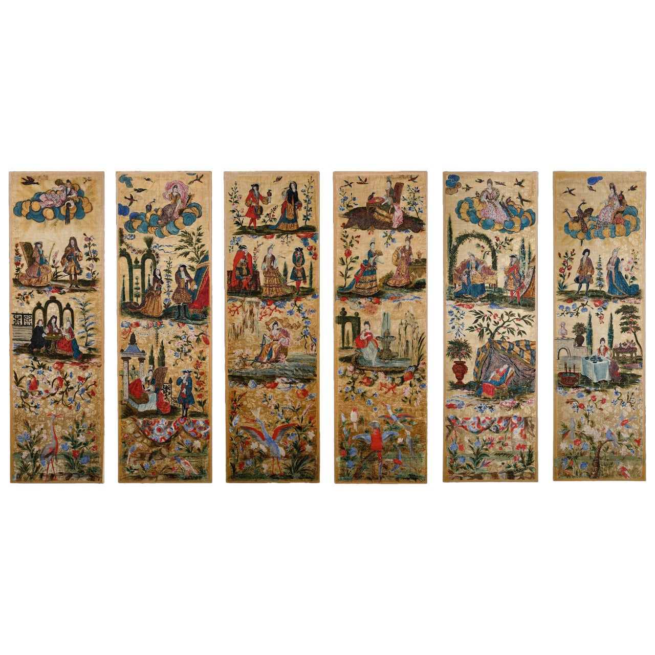 Set of Six Very Rare Silk Louis XIV Panels Painted with Fanciful Scenes For Sale