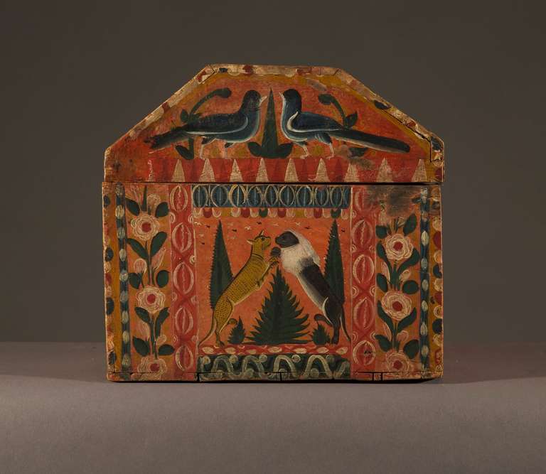 Mexican A Charming Profusely Decorated Lacquer Chest with Cityscape For Sale