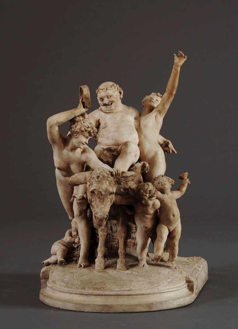 The present sculpture depicts a scene from Greek Mythology,  Le Triomphe de Silene, or 
