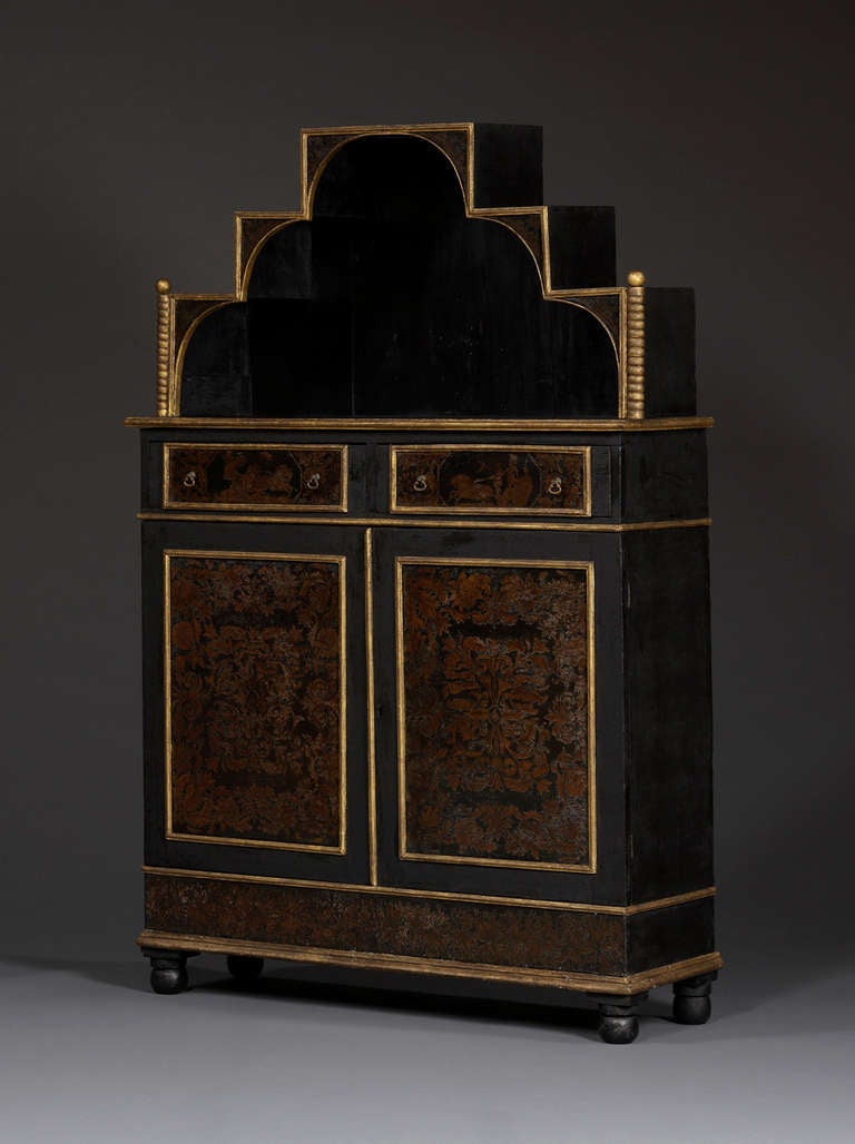 An Ebonized And Giltwood Side Cabinet Set With Etruscan Painted Tole Panels In Excellent Condition For Sale In New York, NY