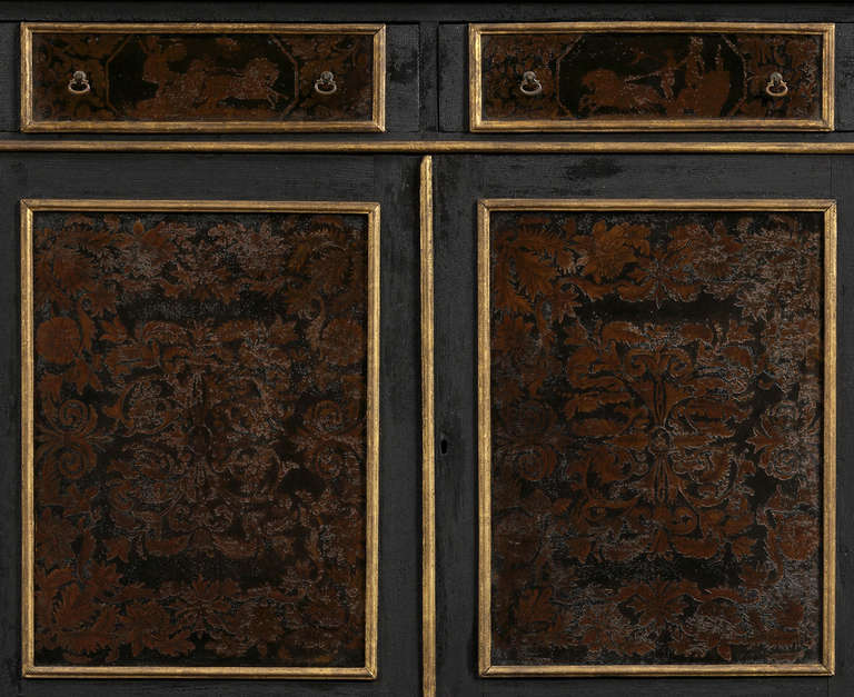 19th Century An Ebonized And Giltwood Side Cabinet Set With Etruscan Painted Tole Panels For Sale