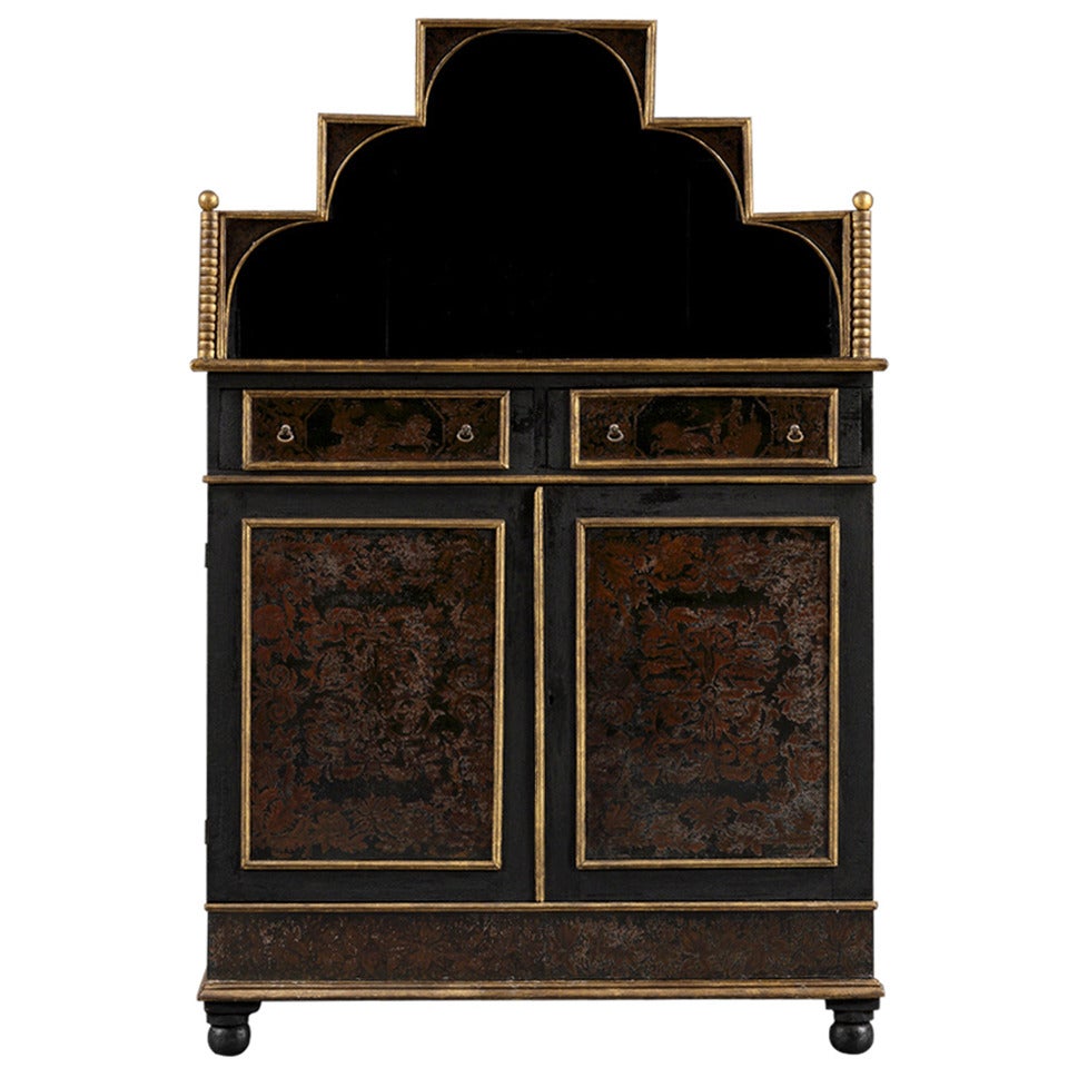 An Ebonized And Giltwood Side Cabinet Set With Etruscan Painted Tole Panels For Sale