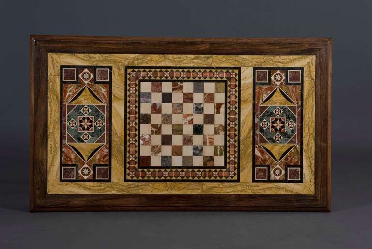 Rosewood And Parcel Gilt Inlaid Center Table With Chessboard Specimen Marble Top In Excellent Condition For Sale In New York, NY