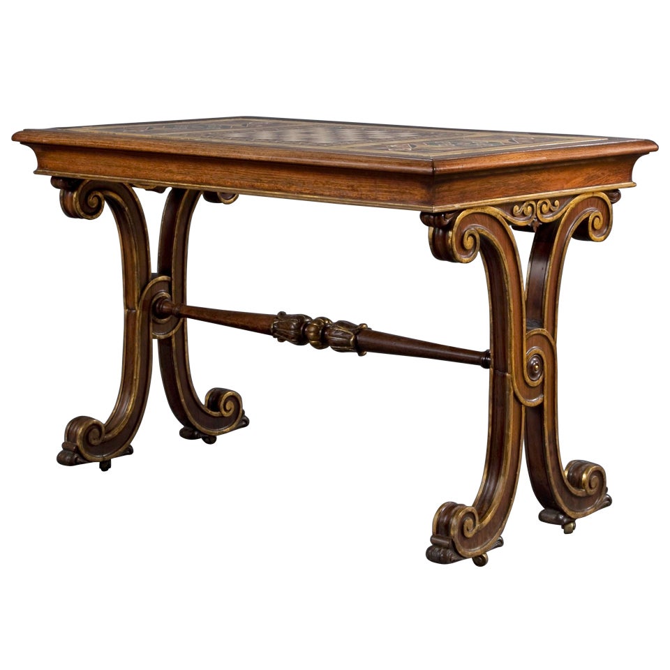 Rosewood And Parcel Gilt Inlaid Center Table With Chessboard Specimen Marble Top For Sale