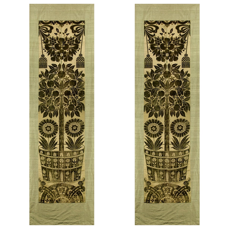 A Pair Of Silk Velvet Hanging Panels Depicting Orange Trees And Sun Flowers For Sale