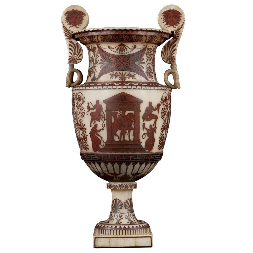 A Monumental Alabaster Vase With Fine Etruscan Red And Black Painted Decoration For Sale